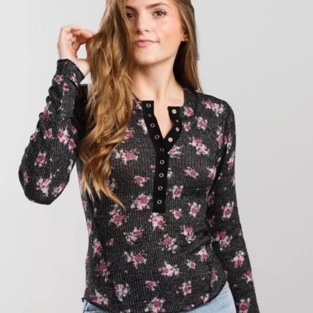 Free People Printed Henley in Black Combo